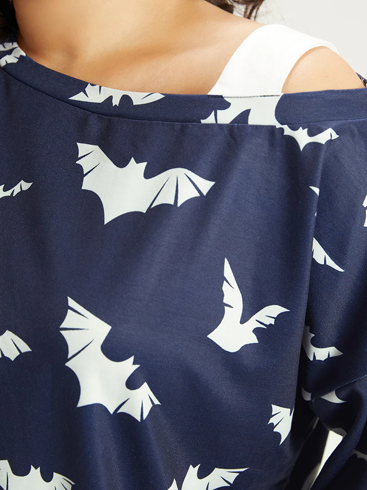 Halloween Bat Print Elastic Cuffs Cold Shoulder Sweatshirt - Image 5