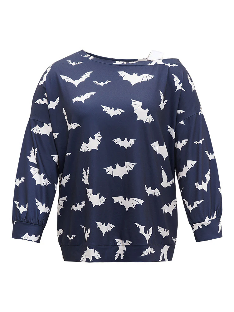 Halloween Bat Print Elastic Cuffs Cold Shoulder Sweatshirt - Image 7