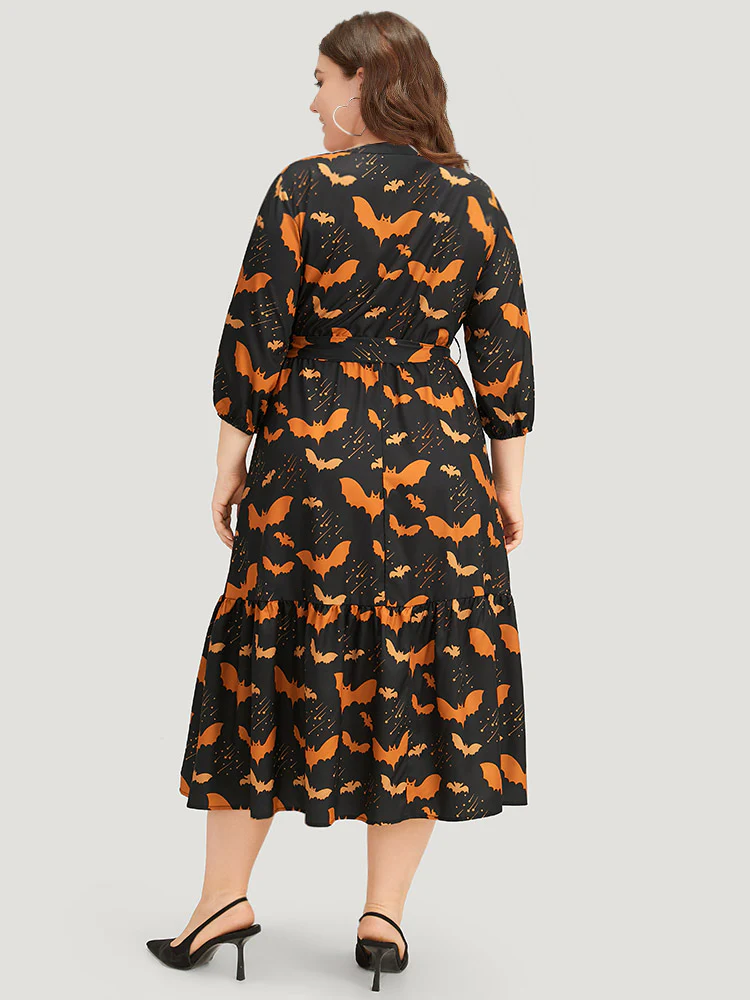 Halloween Bat Print Notched Belted Pocket Dress - Image 2