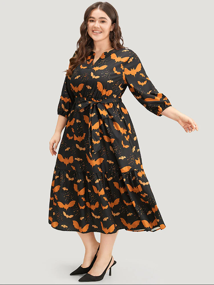Halloween Bat Print Notched Belted Pocket Dress - Image 3
