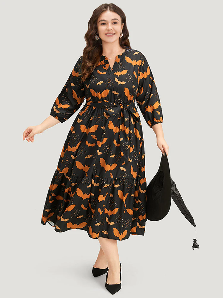 Halloween Bat Print Notched Belted Pocket Dress - Image 4