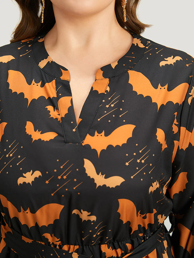 Halloween Bat Print Notched Belted Pocket Dress - Image 5