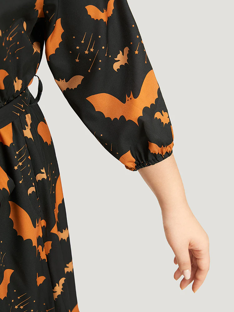 Halloween Bat Print Notched Belted Pocket Dress - Image 6