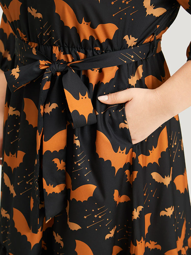 Halloween Bat Print Notched Belted Pocket Dress - Image 7