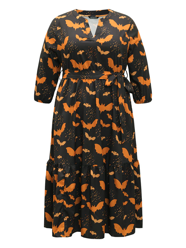 Halloween Bat Print Notched Belted Pocket Dress - Image 8