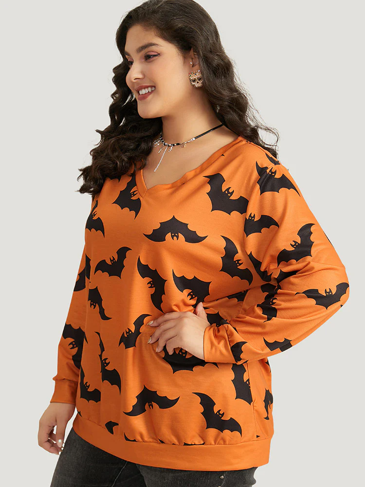 Halloween Bat Print V Neck Sweatshirt - Image 3