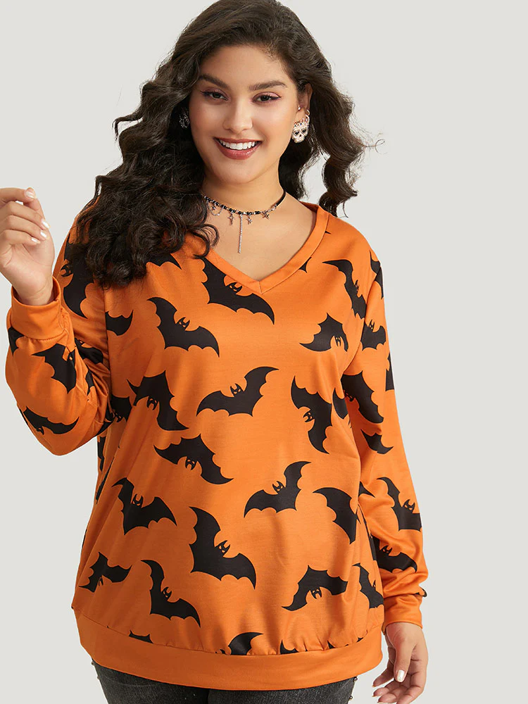 Halloween Bat Print V Neck Sweatshirt - Image 4