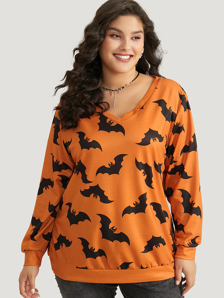 Halloween Bat Print V Neck Sweatshirt - Image 5
