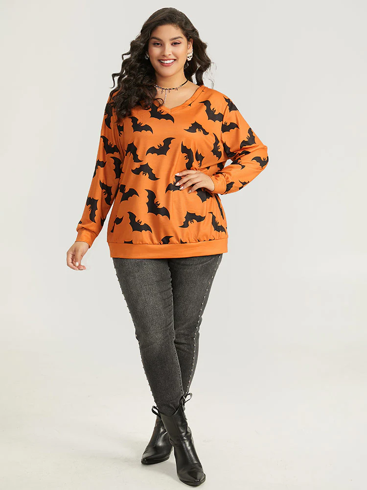Halloween Bat Print V Neck Sweatshirt - Image 6