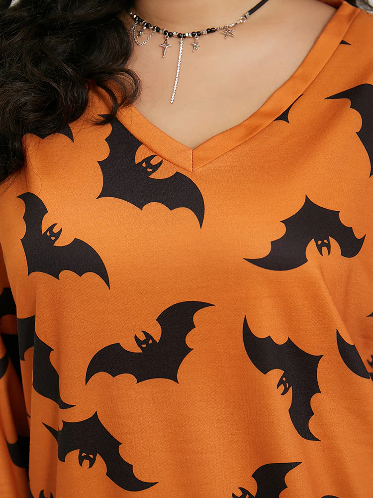 Halloween Bat Print V Neck Sweatshirt - Image 8