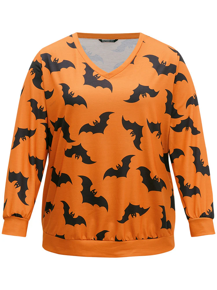 Halloween Bat Print V Neck Sweatshirt - Image 9