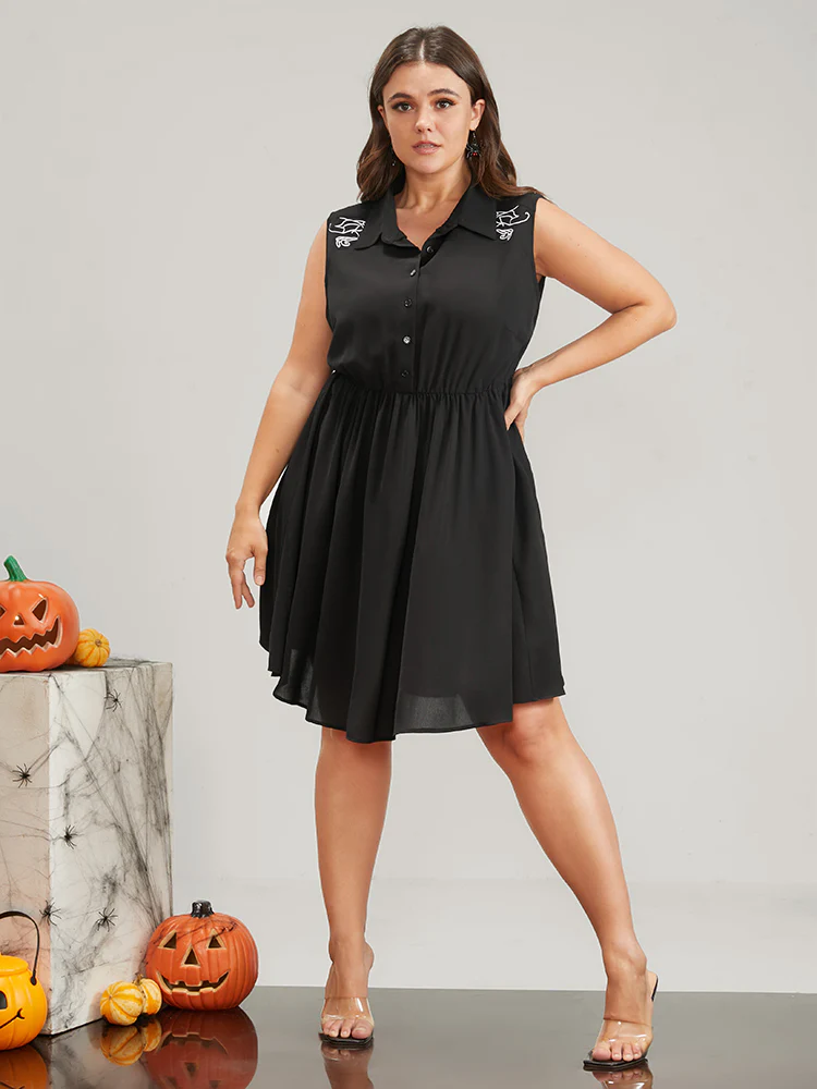 Halloween Button Sleeveless Shirt Collar Knee Dress - Image 3
