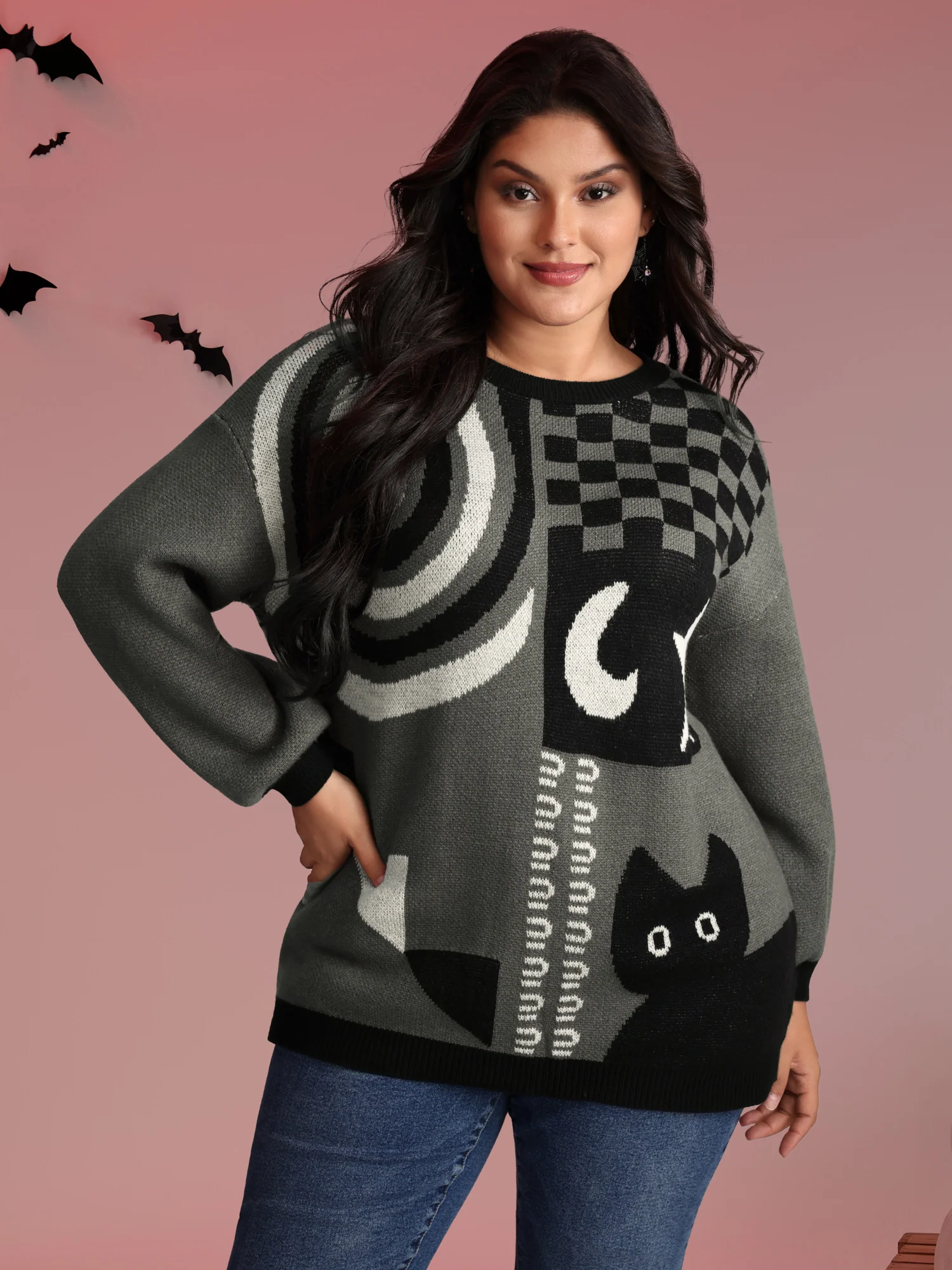 Halloween Cat Print Contrast Pullover - Image 2