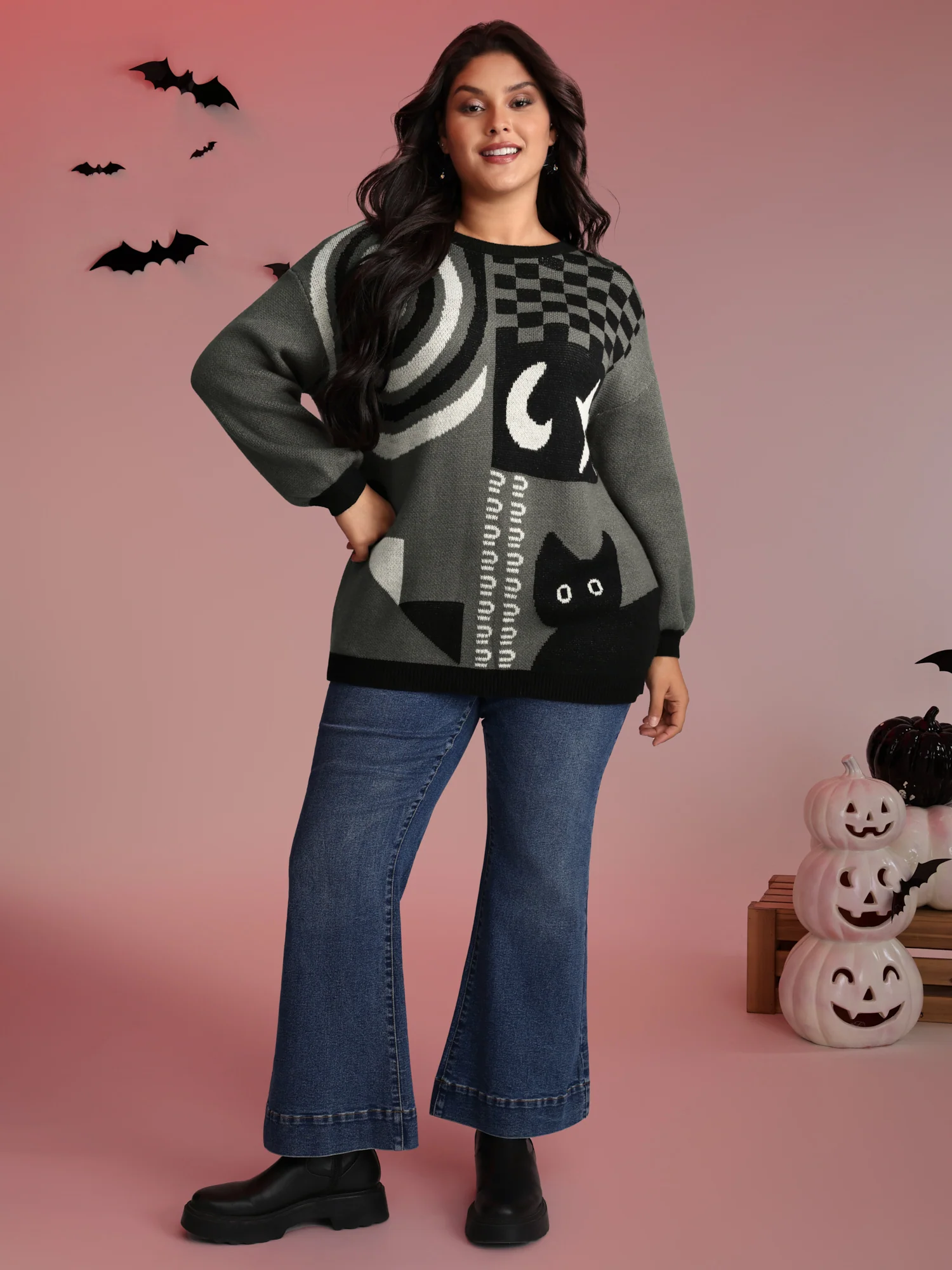 Halloween Cat Print Contrast Pullover - Image 3
