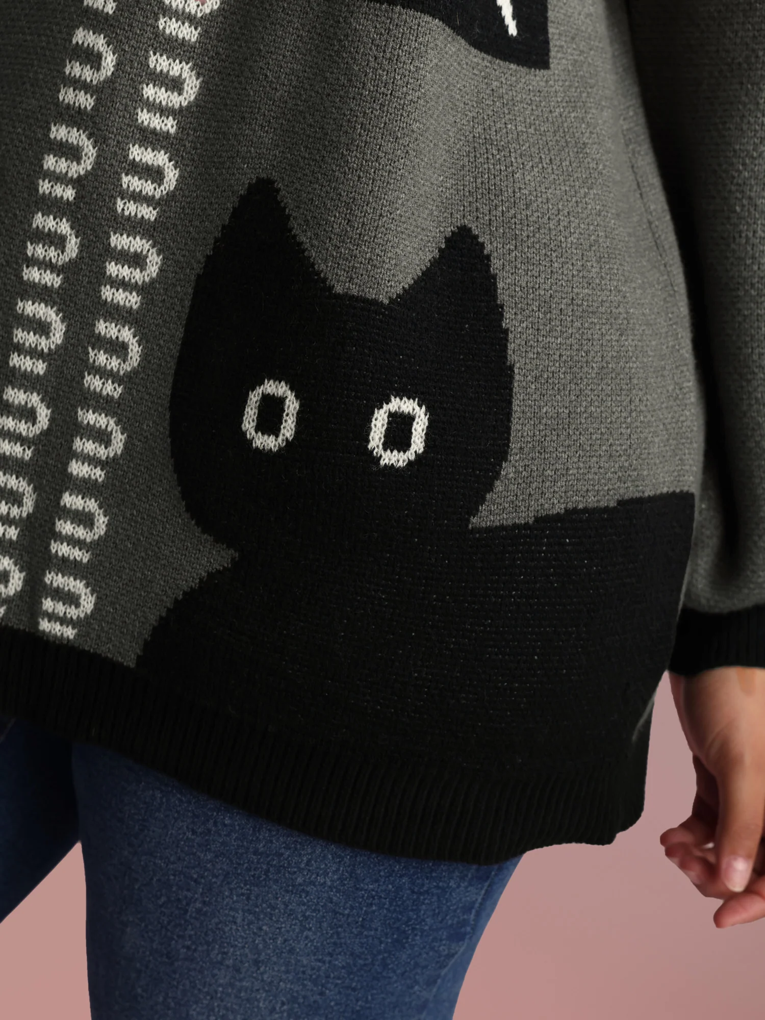 Halloween Cat Print Contrast Pullover - Image 4