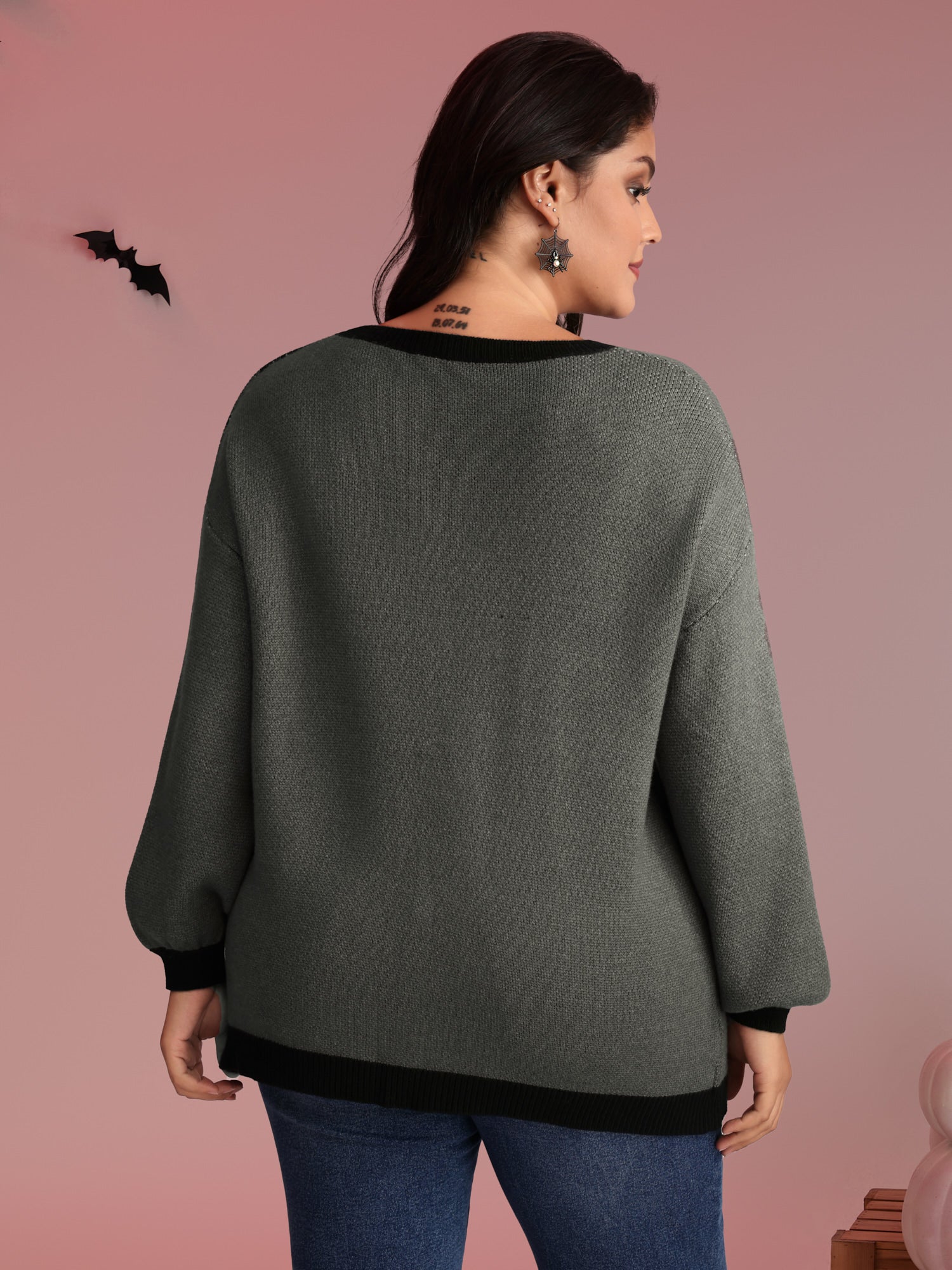 Halloween Cat Print Contrast Pullover - Image 5