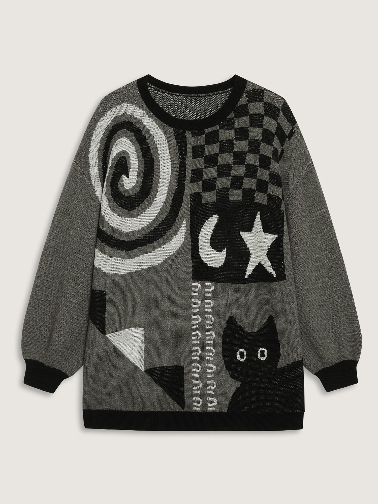 Halloween Cat Print Contrast Pullover - Image 8
