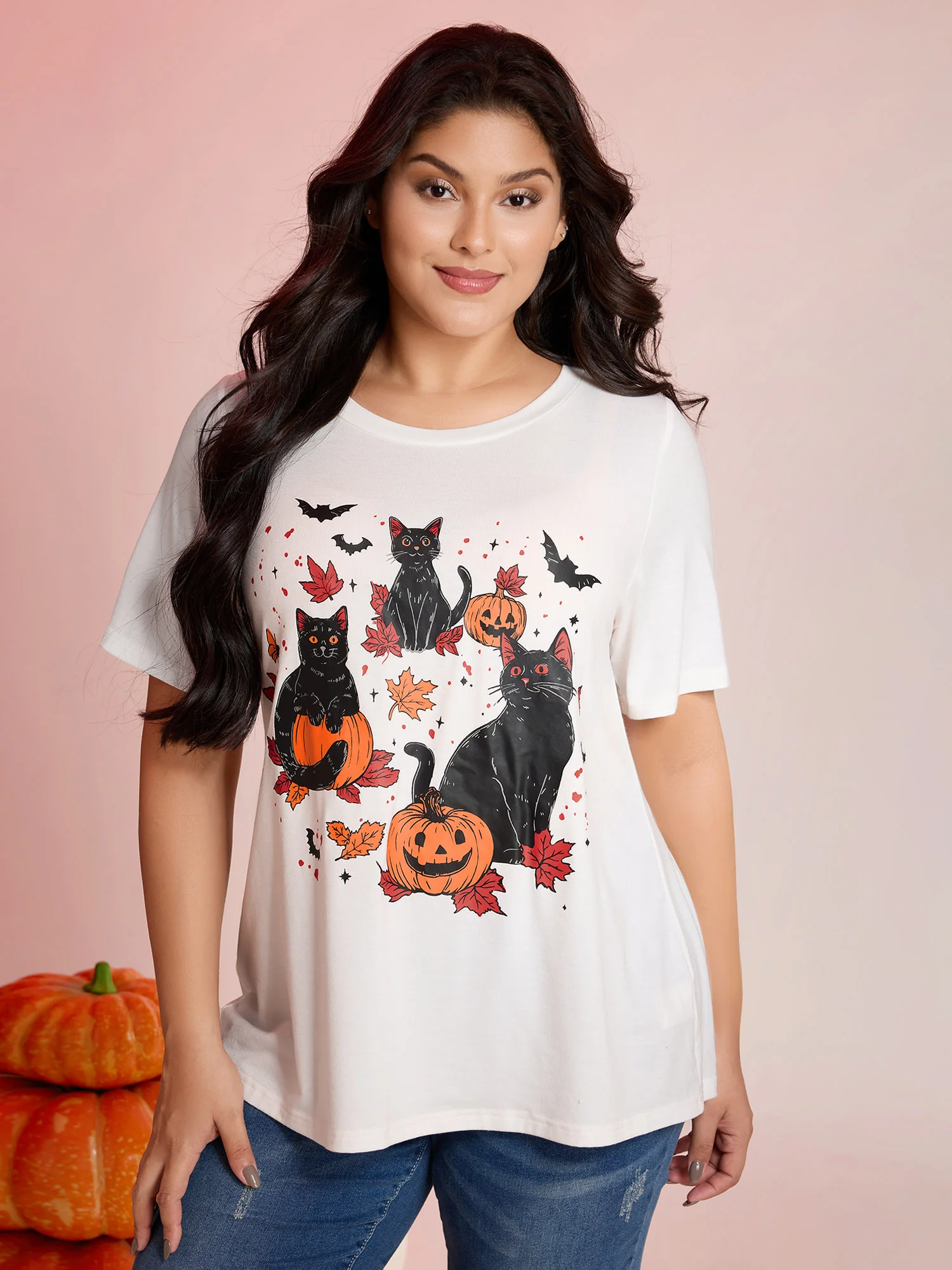 Halloween Cat Print Round Neck T-Shirt - Image 2