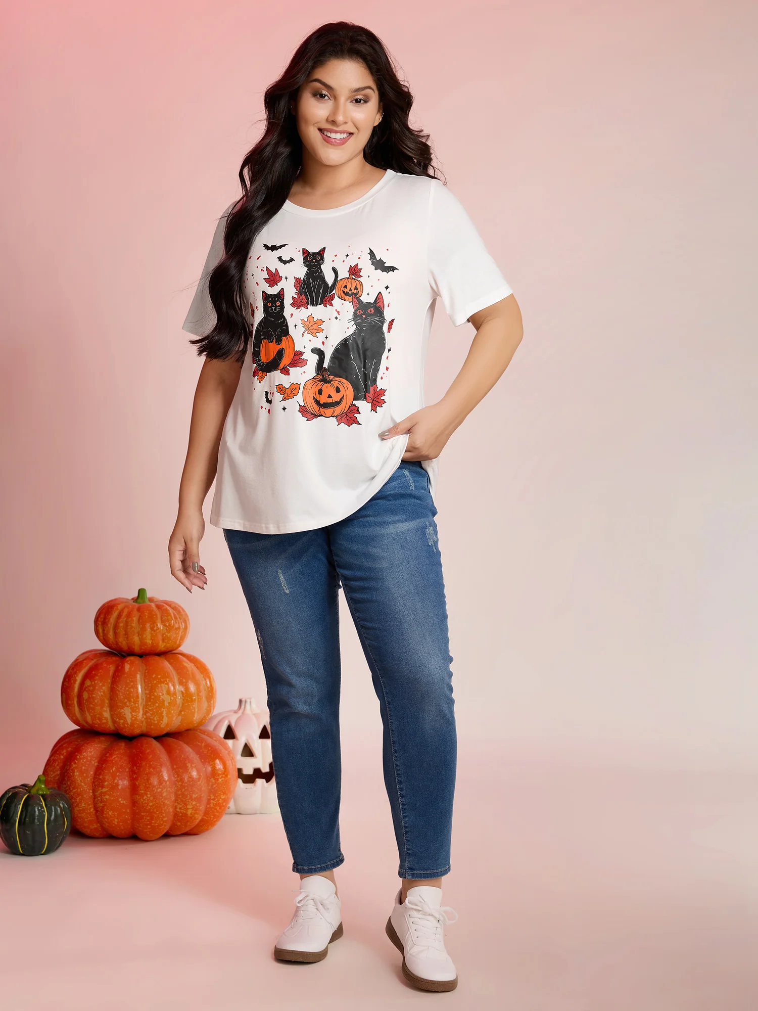 Halloween Cat Print Round Neck T-Shirt - Image 3