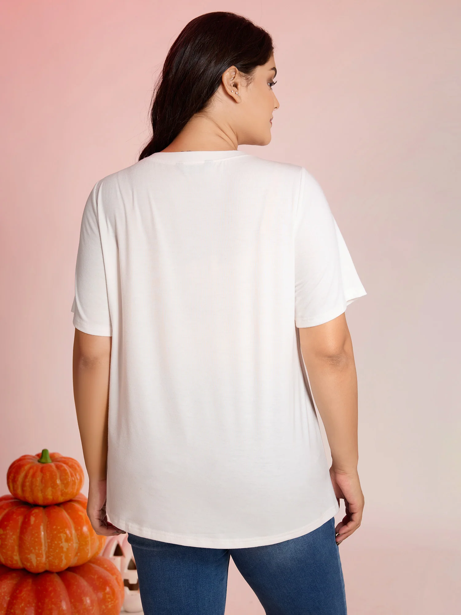 Halloween Cat Print Round Neck T-Shirt - Image 4