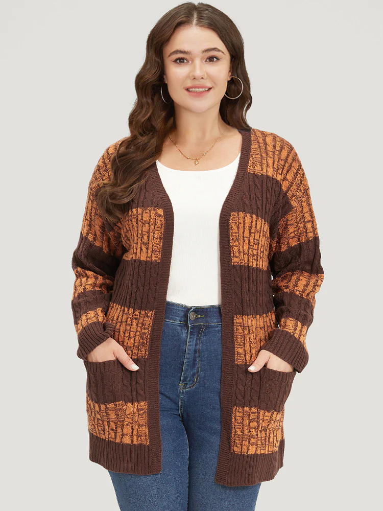 Halloween Colorblock Cable Knit Patched Pocket Cardigan - Image 3