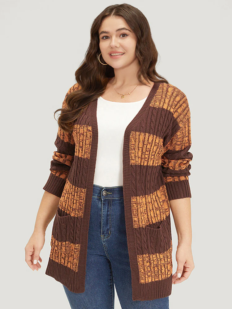 Halloween Colorblock Cable Knit Patched Pocket Cardigan - Image 4