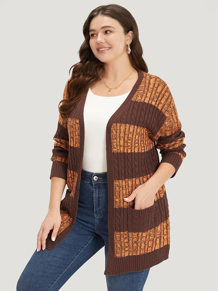 Halloween Colorblock Cable Knit Patched Pocket Cardigan - Image 5