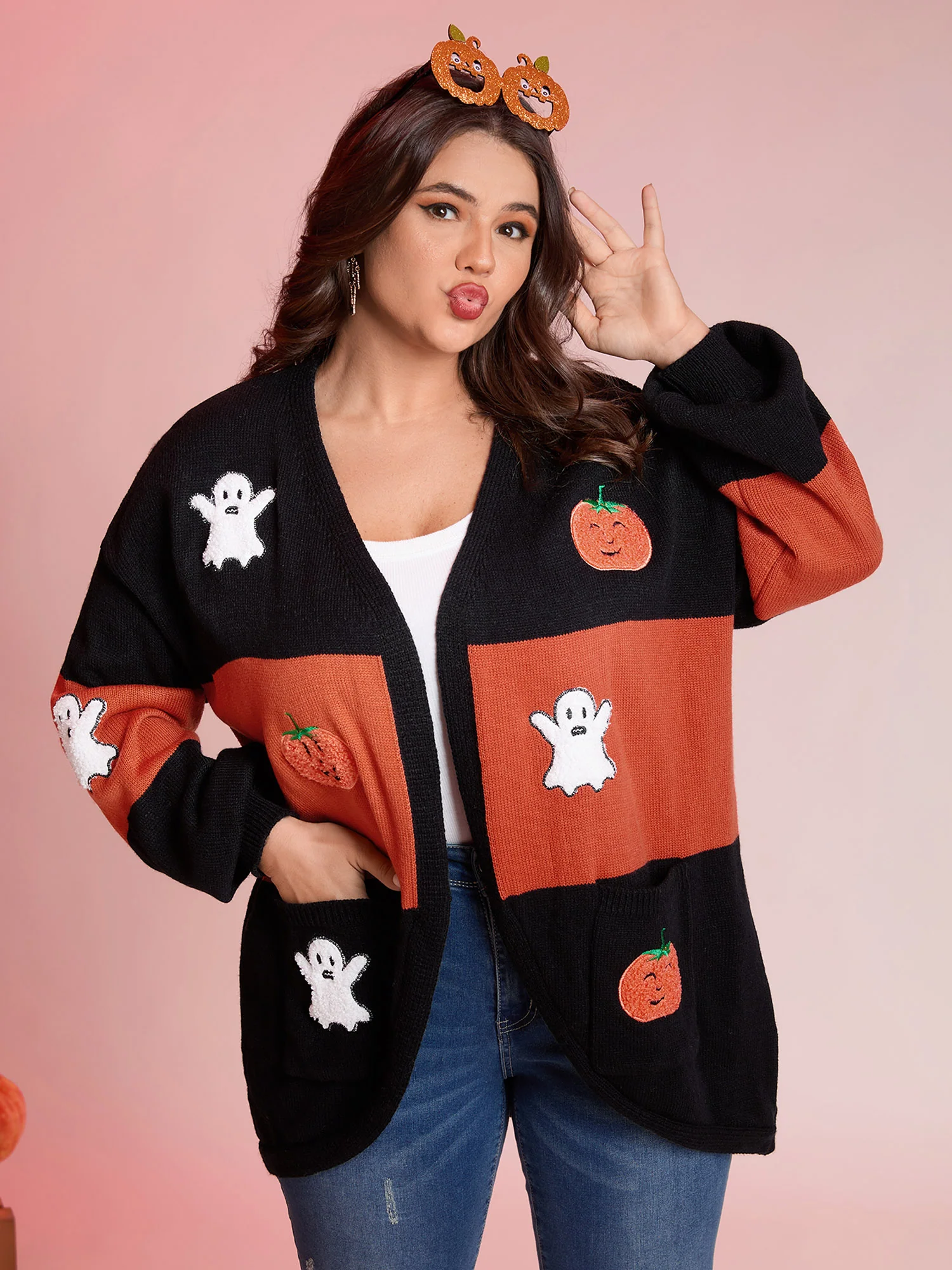 Halloween Elements Color Block Knit Cardigan - Image 2