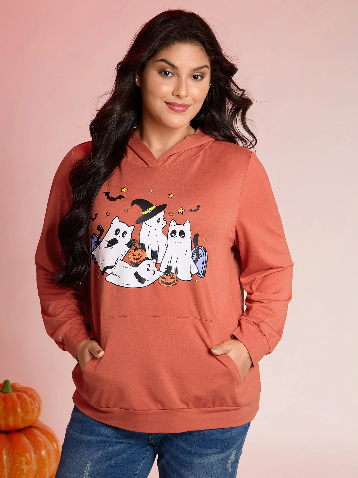 Halloween Ghost Print Solid Hoodie - Image 2