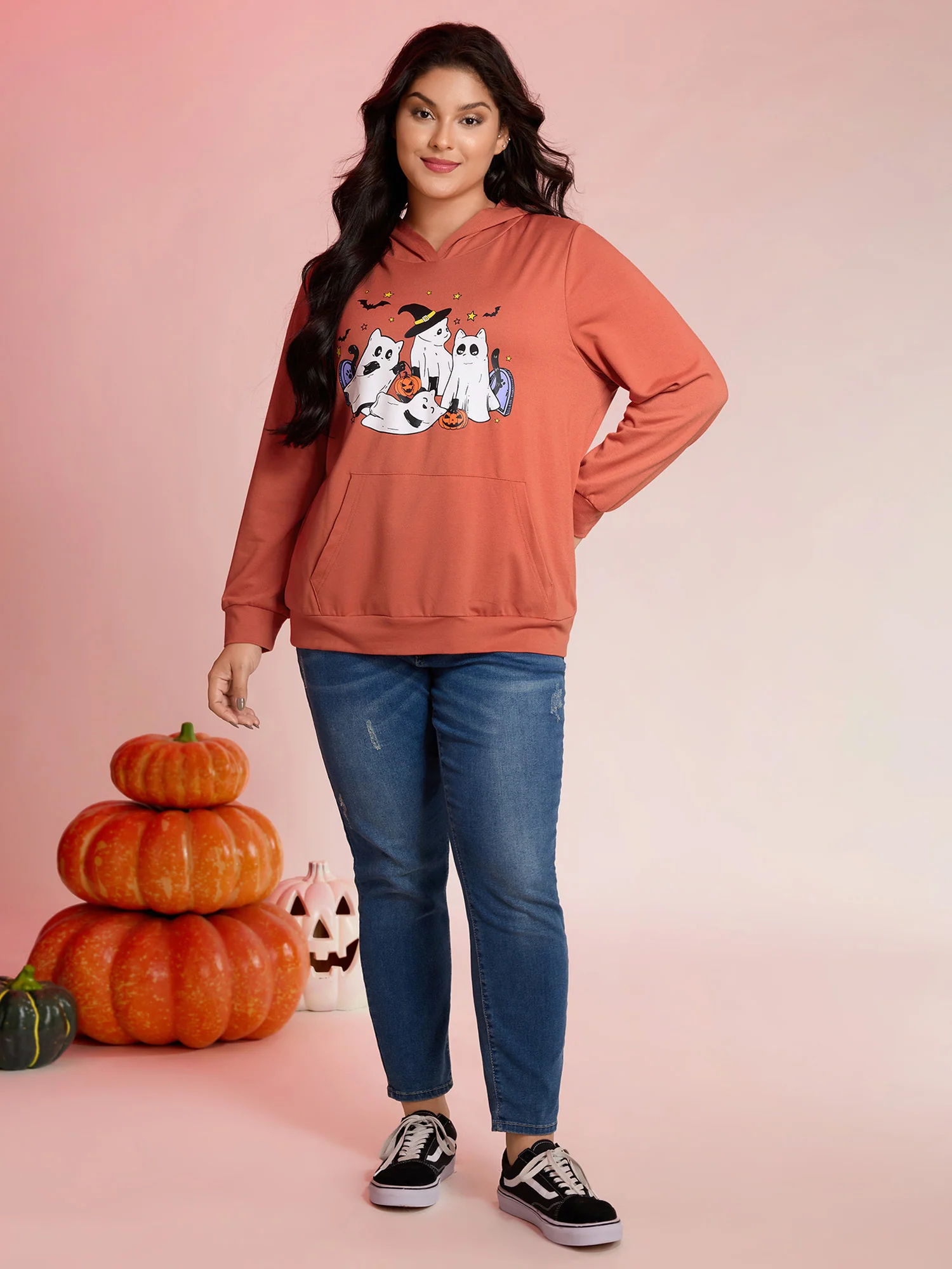Halloween Ghost Print Solid Hoodie - Image 3
