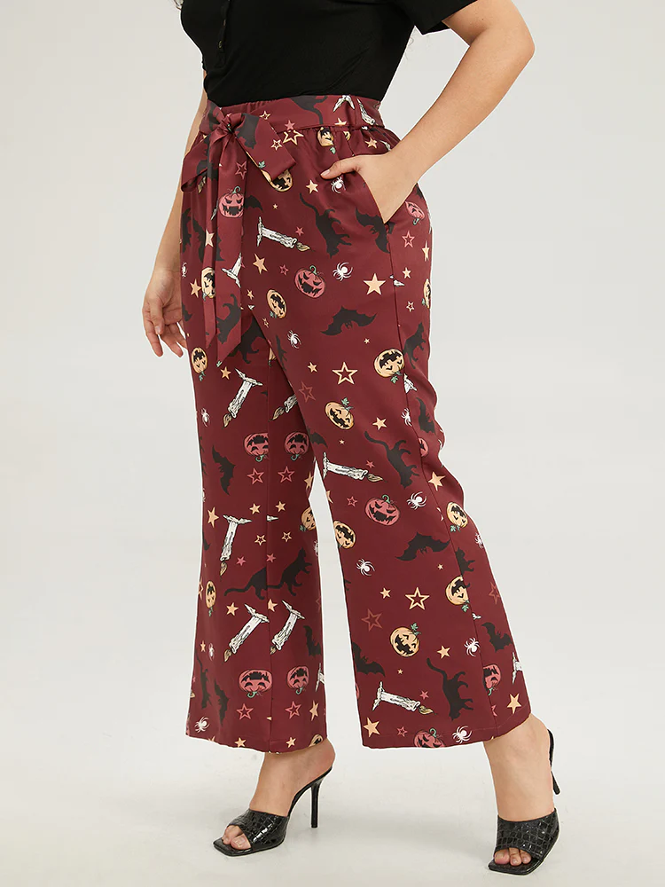 Halloween Graphic Belted Flare Leg Pants - Image 2