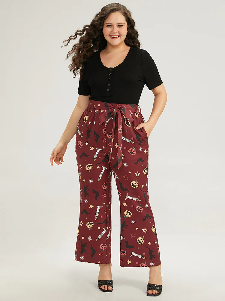 Halloween Graphic Belted Flare Leg Pants - Image 3