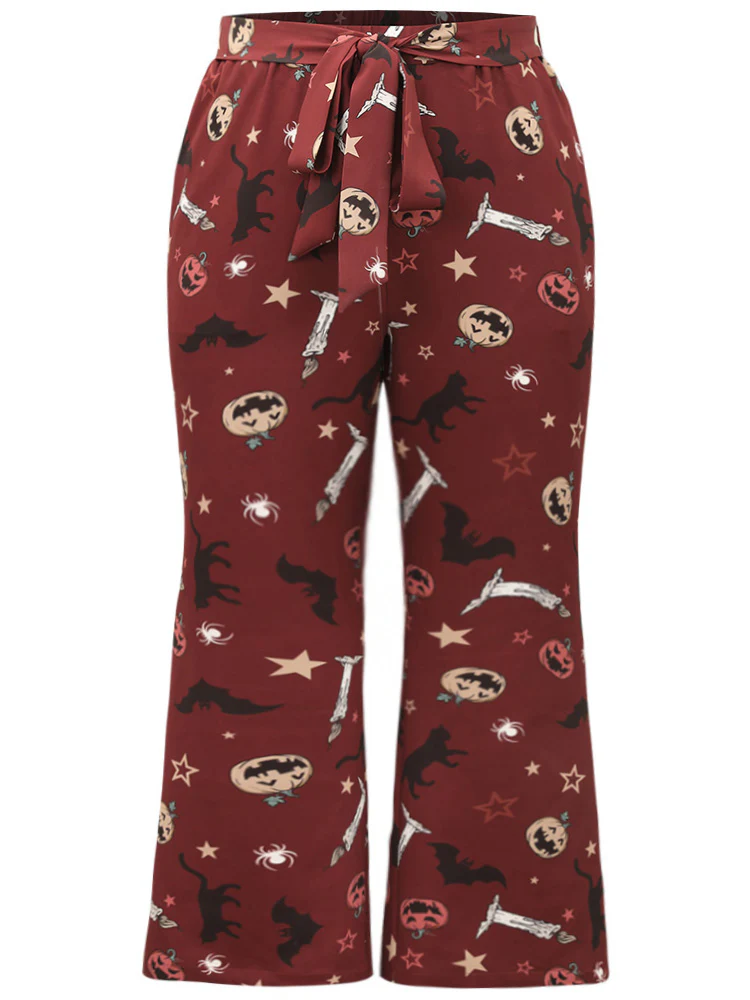 Halloween Graphic Belted Flare Leg Pants - Image 8