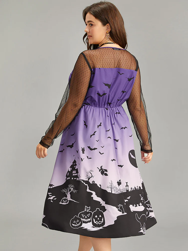 Halloween Graphic Pocket Mesh Patchwork Dress - Image 2