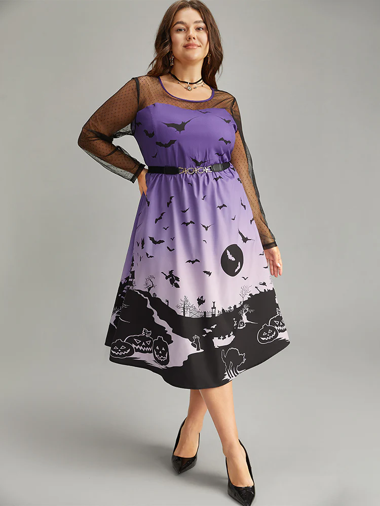 Halloween Graphic Pocket Mesh Patchwork Dress - Image 3