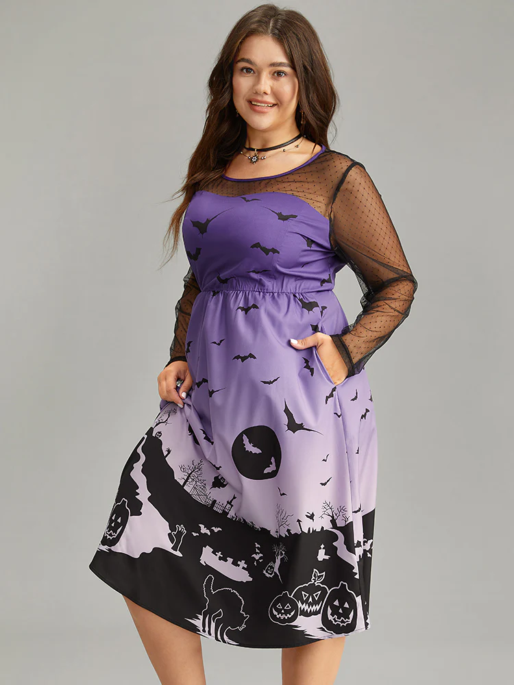 Halloween Graphic Pocket Mesh Patchwork Dress - Image 4