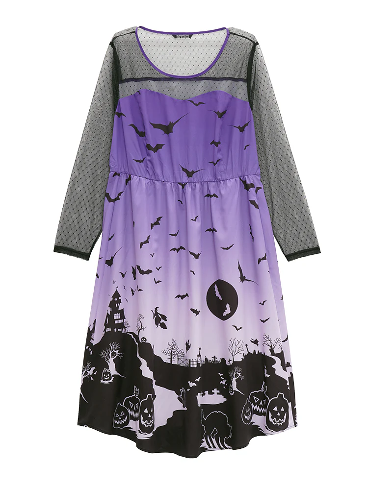 Halloween Graphic Pocket Mesh Patchwork Dress - Image 8