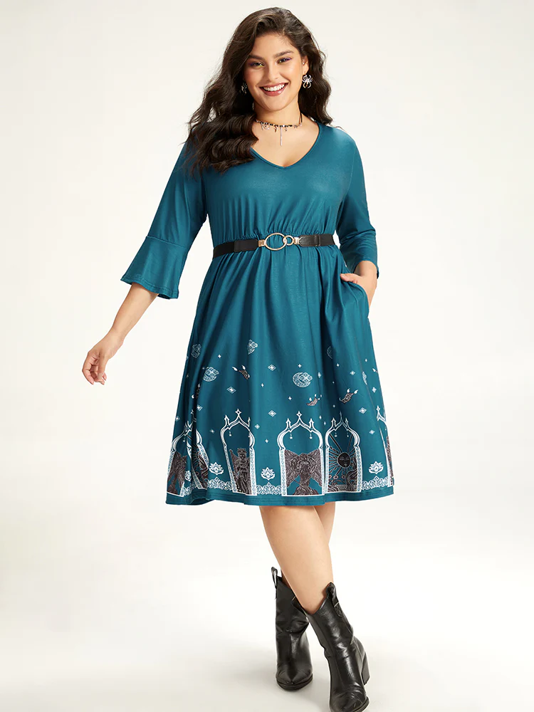 Halloween Graphic Pocket Ruffle Trim Gathered Dress - Image 4