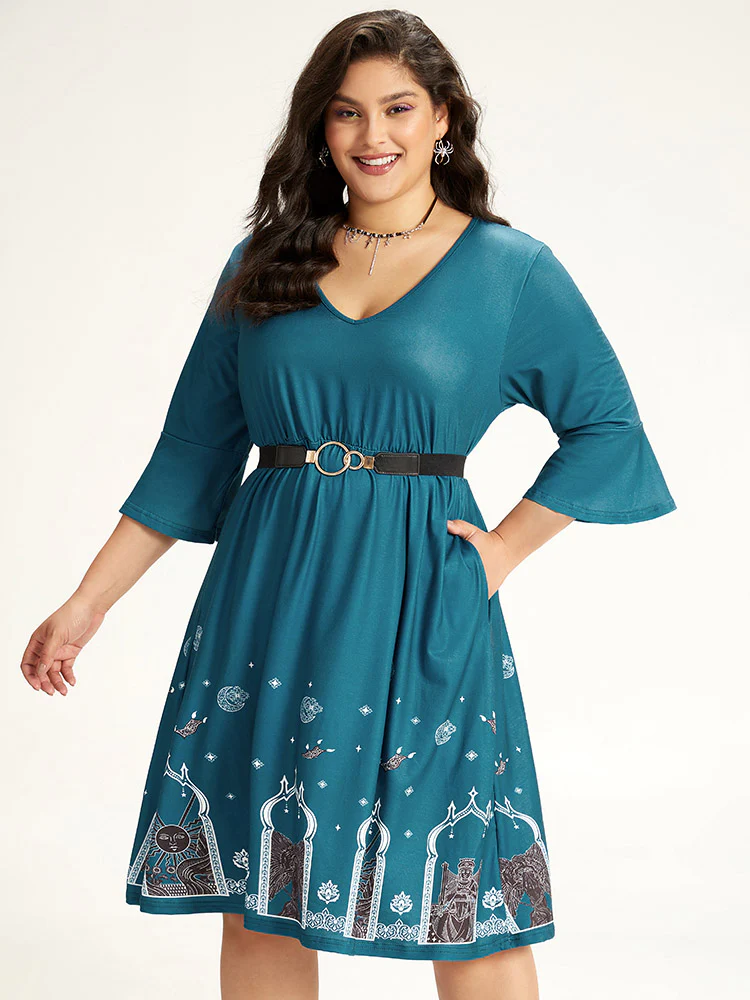 Halloween Graphic Pocket Ruffle Trim Gathered Dress - Image 5
