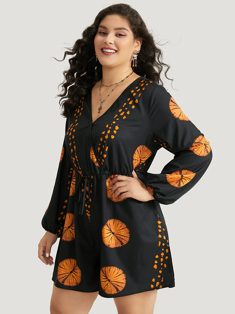Halloween Graphic Surplice Neck Bowknot Romper - Image 3
