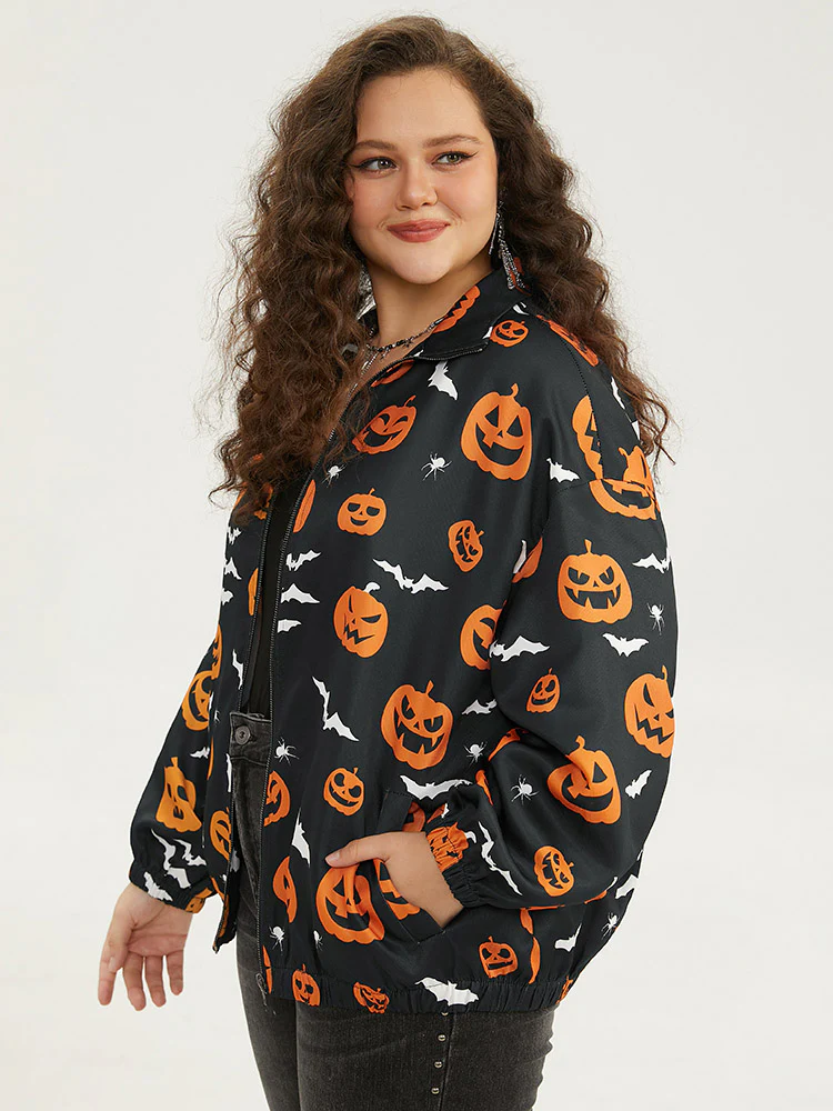Halloween Graphic Zipper Fly Pocket Coat - Image 2