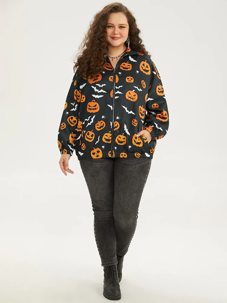 Halloween Graphic Zipper Fly Pocket Coat - Image 4
