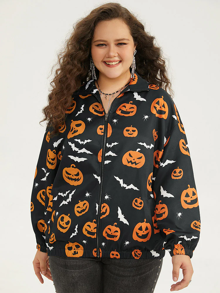 Halloween Graphic Zipper Fly Pocket Coat - Image 5
