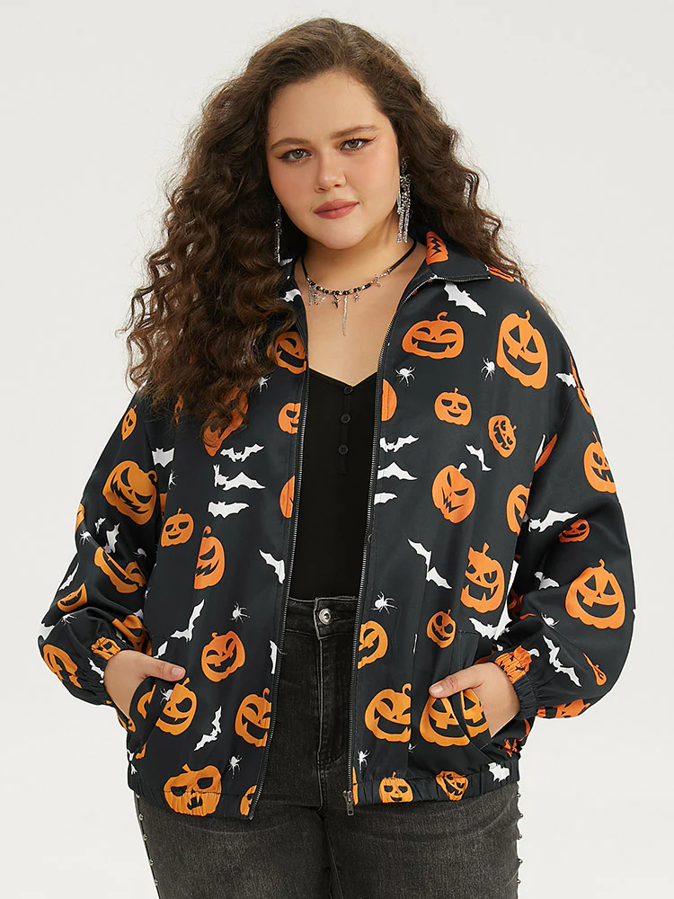Halloween Graphic Zipper Fly Pocket Coat - Image 6