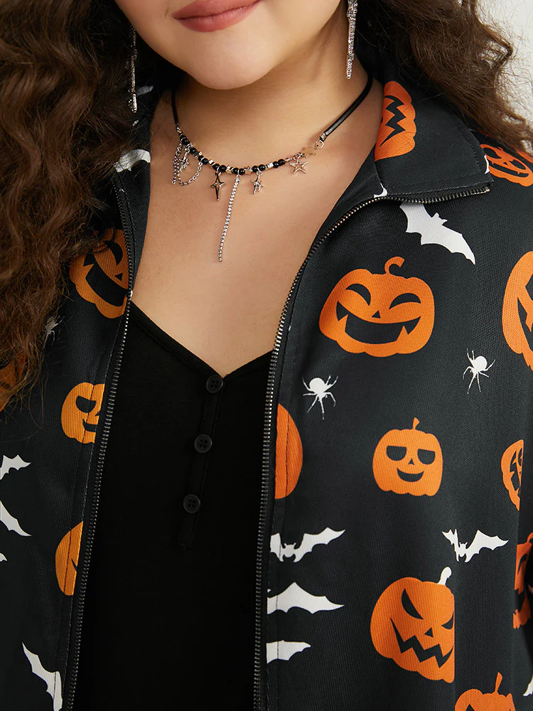 Halloween Graphic Zipper Fly Pocket Coat - Image 7