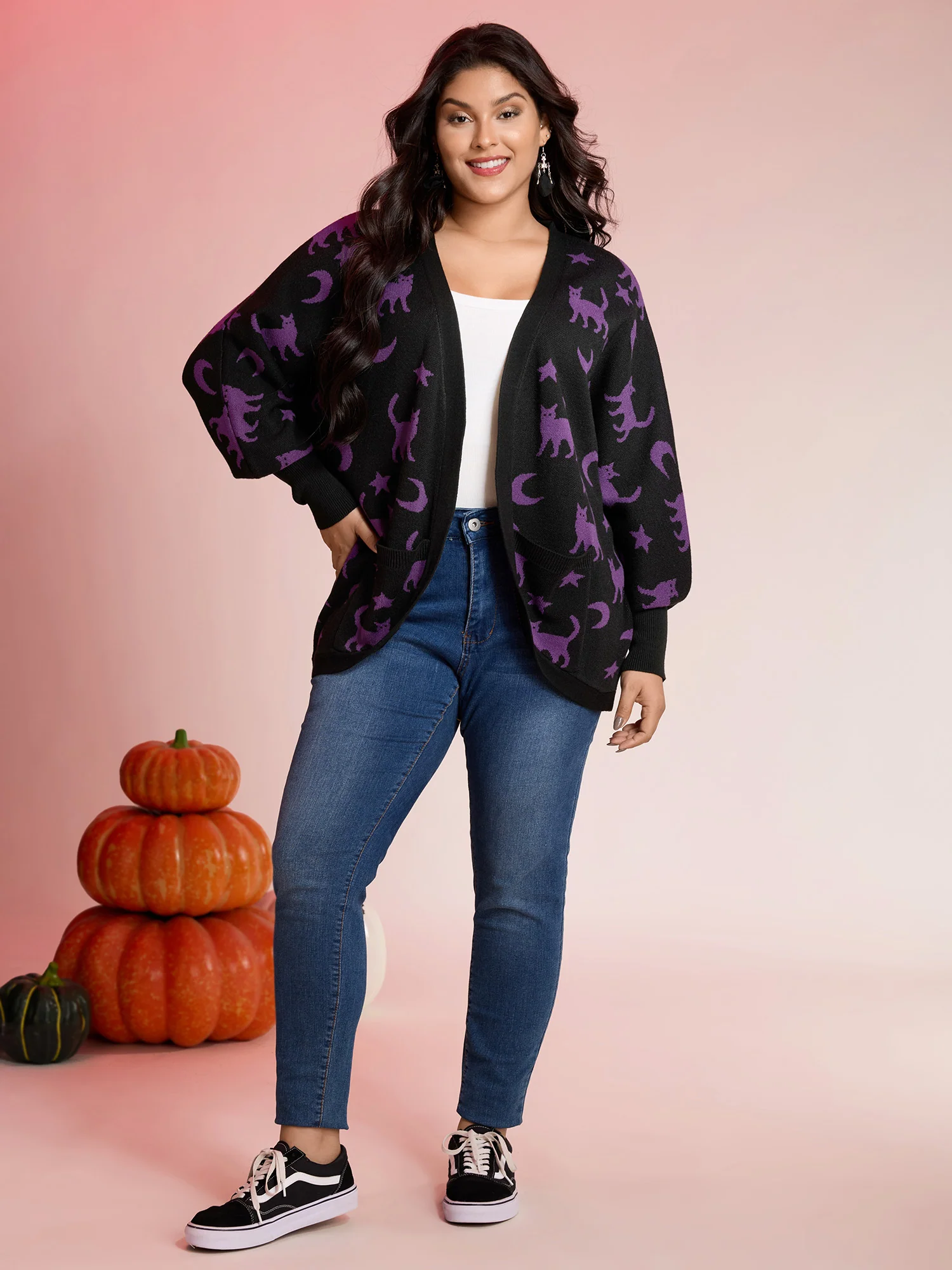 Halloween Jacquard Print Pockets Knit Cardigan - Image 3