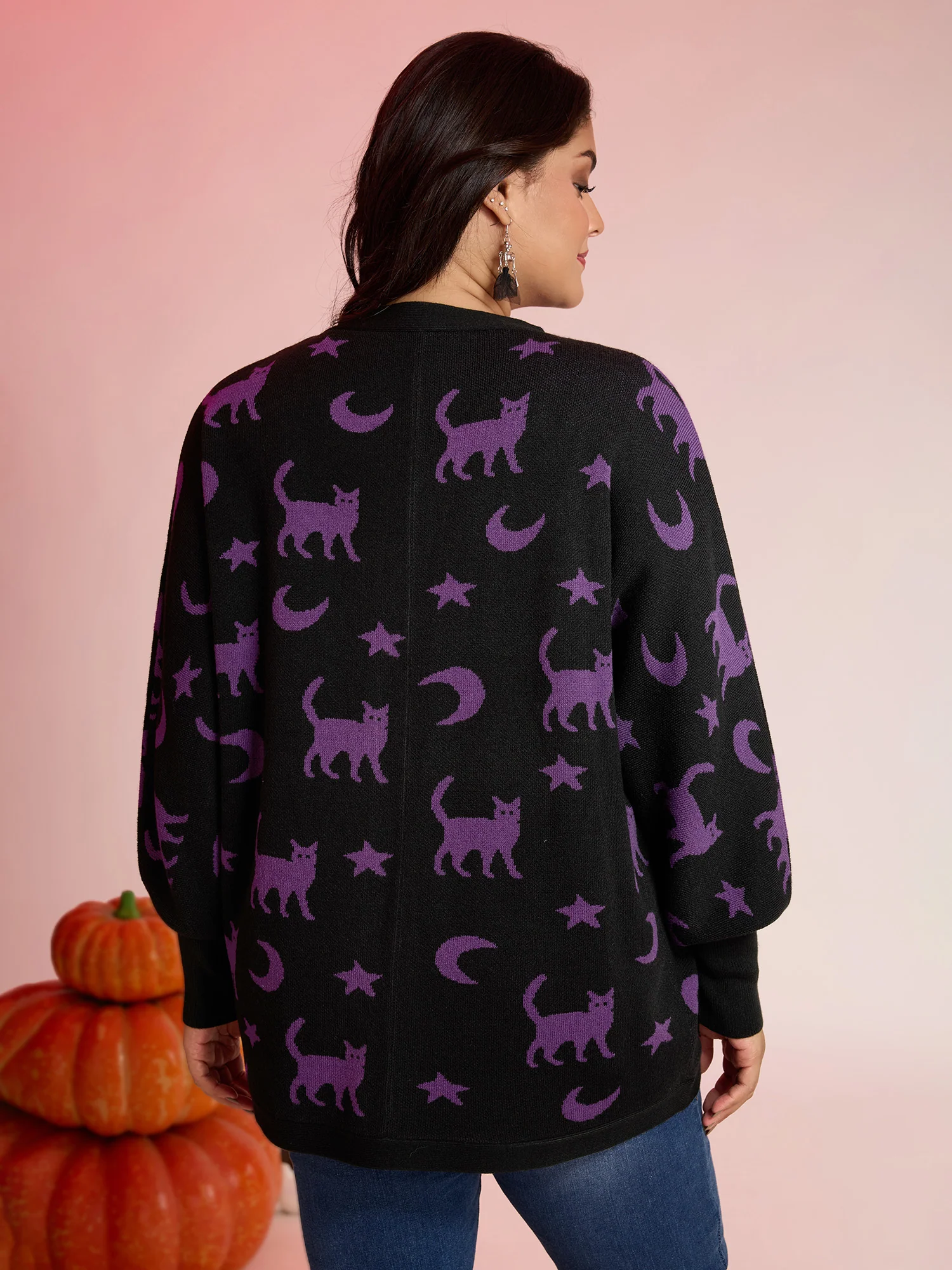 Halloween Jacquard Print Pockets Knit Cardigan - Image 4