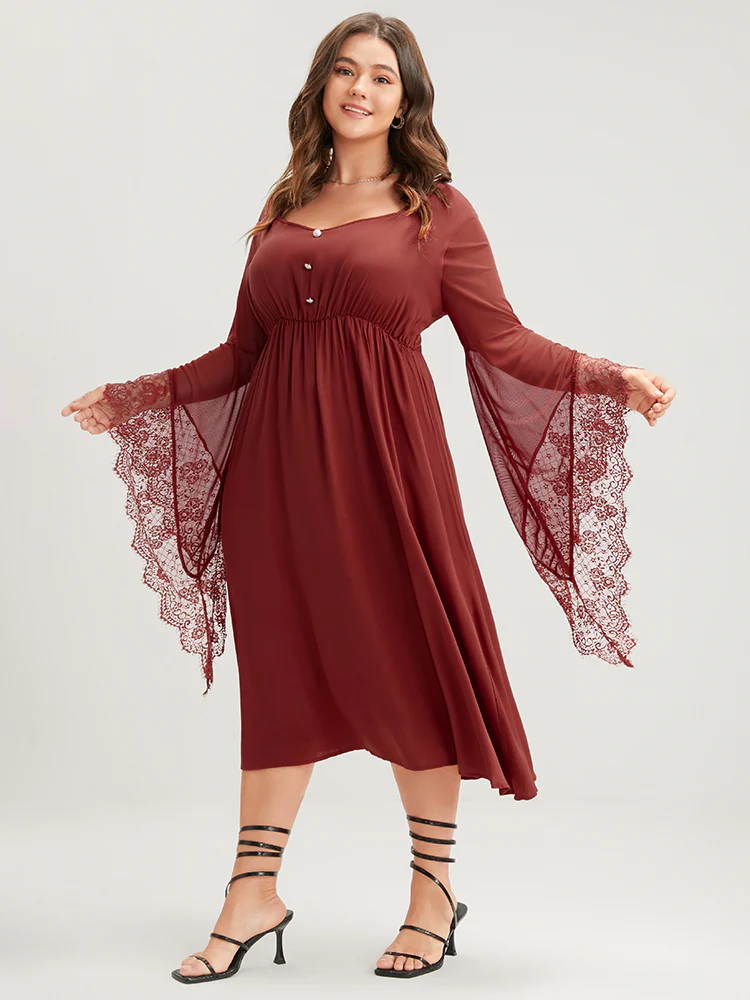Halloween Solid Lace Bell Sleeve Asymmetrical Button Front Dress - Image 2