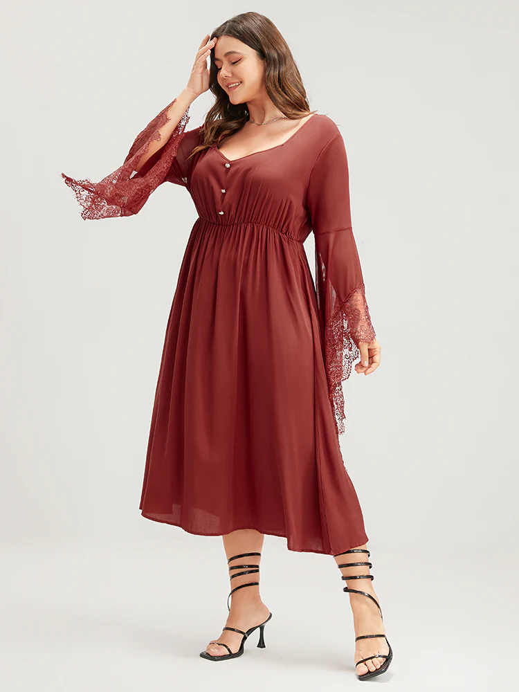Halloween Solid Lace Bell Sleeve Asymmetrical Button Front Dress - Image 3