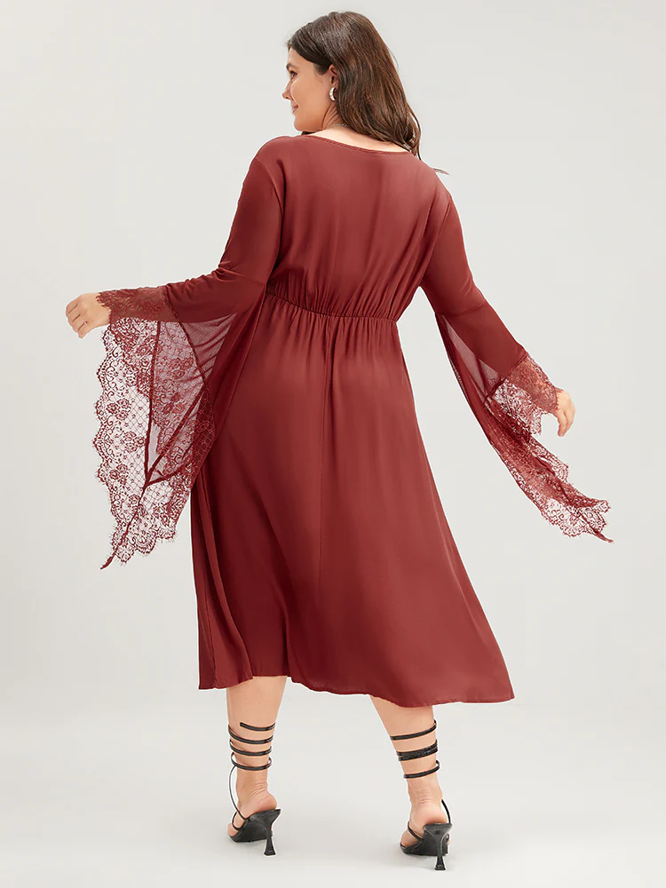Halloween Solid Lace Bell Sleeve Asymmetrical Button Front Dress - Image 4